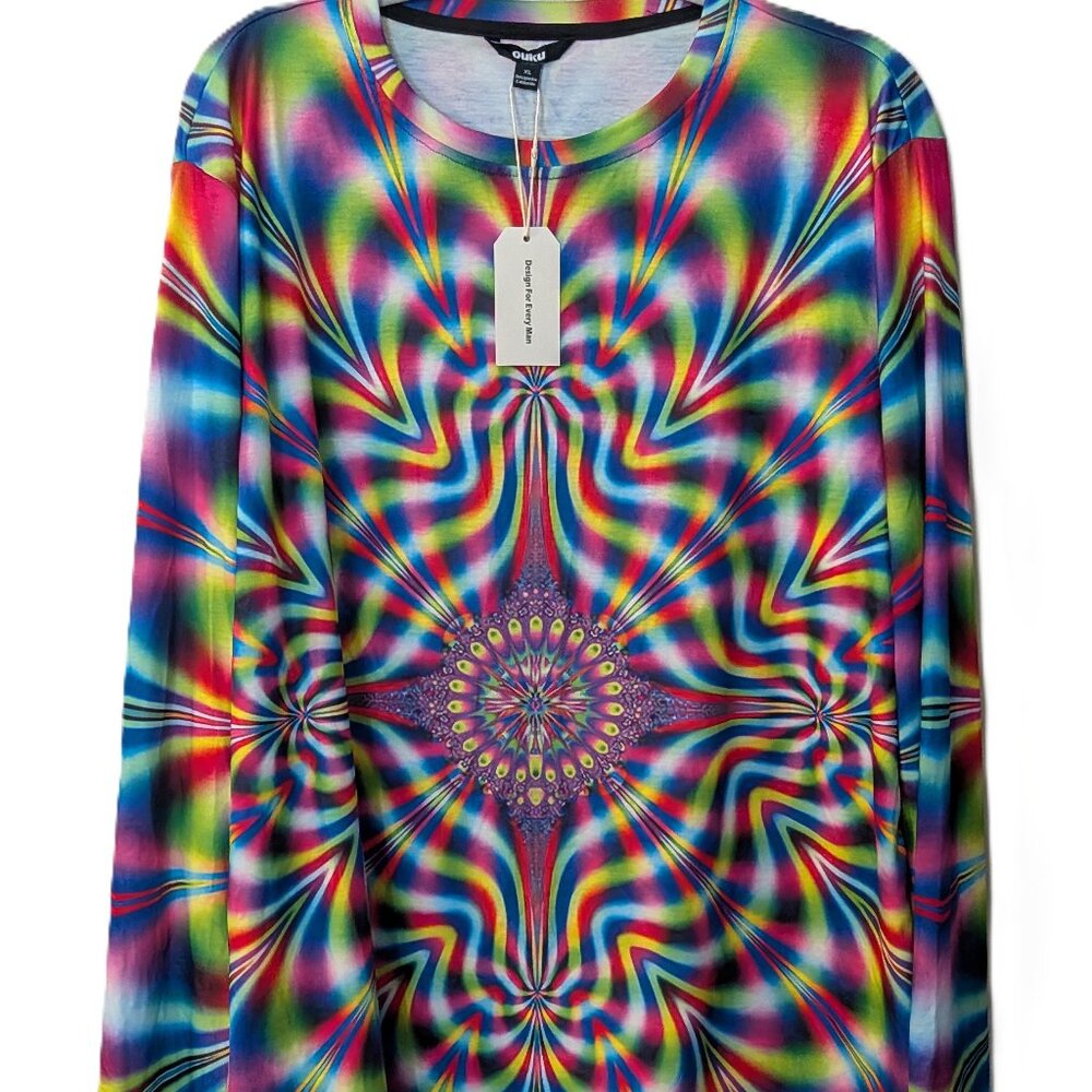 NWT OUKU Women's Psychedelic Rainbow Long Sleeve Graphic Shirt. Size XL